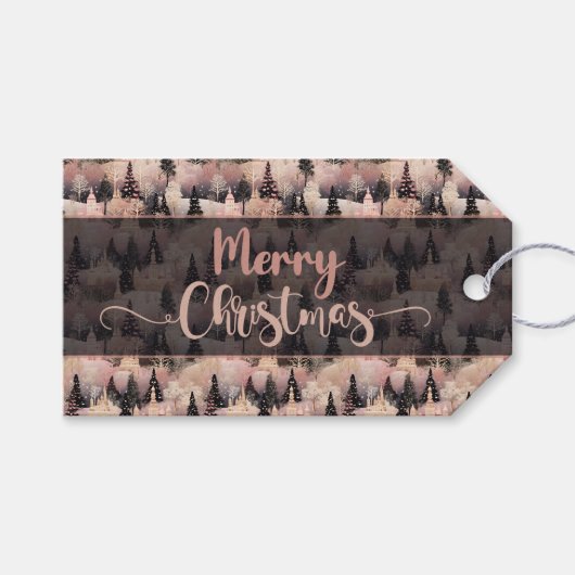 Elegant Pink and Black Christmas Village Cadeaulabel (Voorkant (Horizontaal))