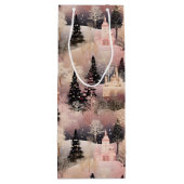 Elegant Pink and Black Christmas Village Wijn Cadeautas (Achterkant)