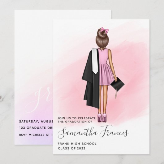 Elegant Pink and Brown Girl Graduation Party Invit Kaart (Voorkant / Achterkant)