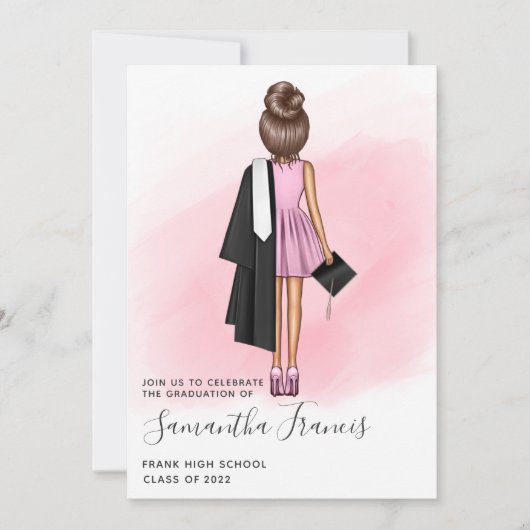 Elegant Pink and Brown Girl Graduation Party Invit Kaart (Voorkant)