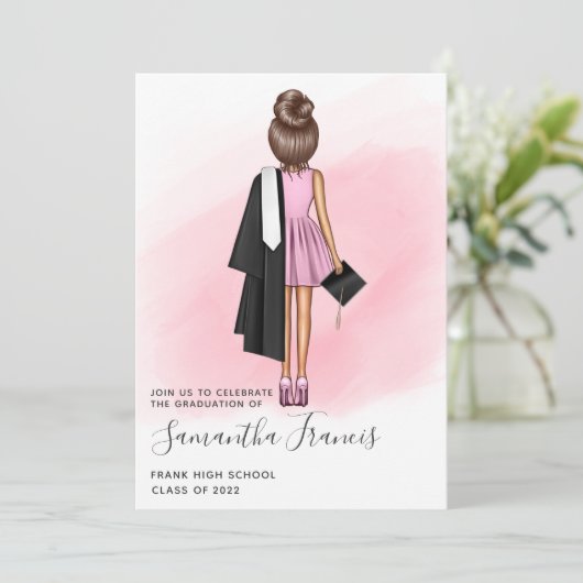 Elegant Pink and Brown Girl Graduation Party Invit Kaart (Staand voorkant)
