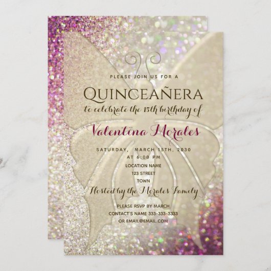 Elegant Pink and Gold Birthday Invitation Kaart (Voorkant / Achterkant)