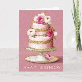 Elegant Pink And Gold Floral Birthday Cake Kaart