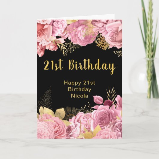 Elegant Pink and Gold Flowers Birthday Kaart (Voorkant)