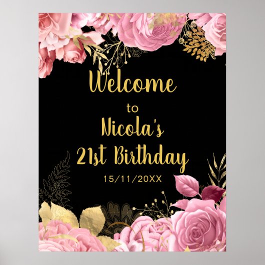 Elegant Pink and Gold Flowers Birthday Party Poster (Voorkant)