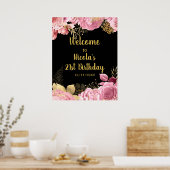 Elegant Pink and Gold Flowers Birthday Party Poster (Keuken)