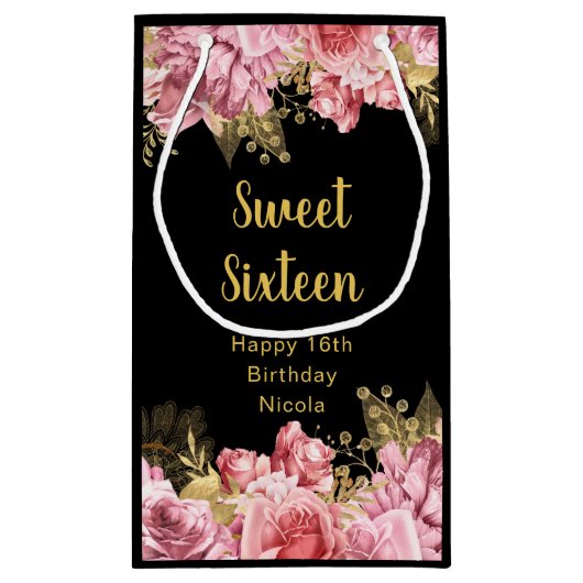 Elegant Pink and Gold Flowers Sweet Sixteen  Klein Cadeauzakje (Achterkant)