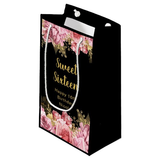 Elegant Pink and Gold Flowers Sweet Sixteen  Klein Cadeauzakje (Voorkant Gekanteld)