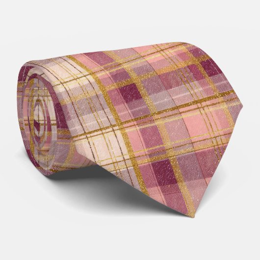 Elegant Pink and Gold Plaid Gingham Pattern Stropdas (Opgerold)