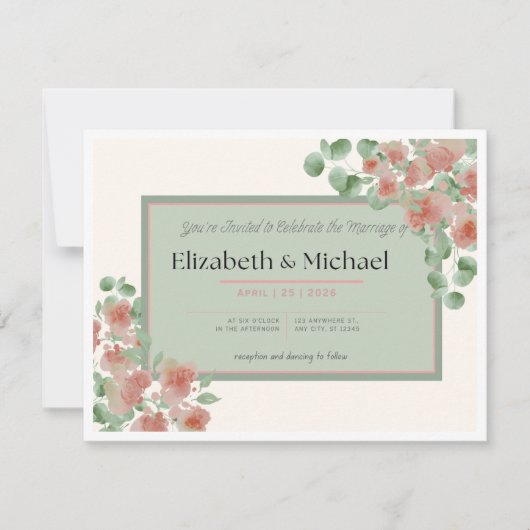 Elegant Pink and Green Wedding Invitation RSVP Kaartje (Voorkant)