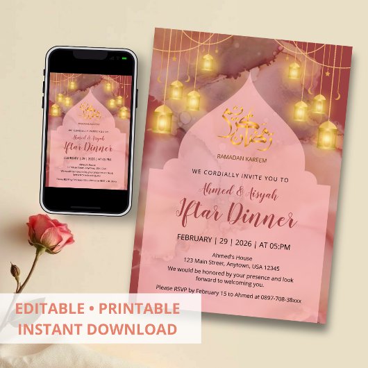 Elegant Pink and Maroon gold Ink Iftar Kaart