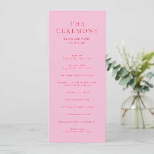 Elegant Pink and Red Classic Wedding Programmakaart (Staand voorkant)