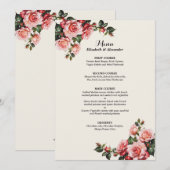 Elegant pink and red roses floral wedding menu (Voorkant / Achterkant)