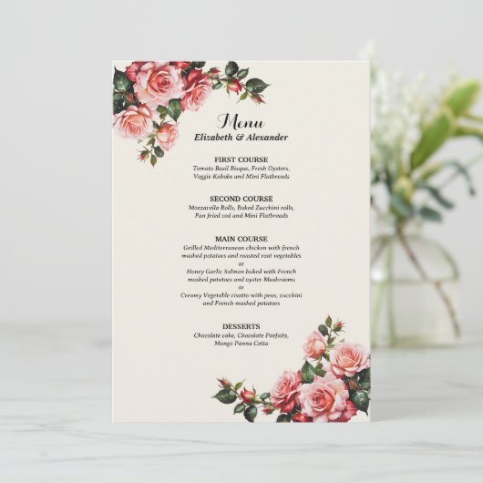 Elegant pink and red roses floral wedding menu (Staand voorkant)
