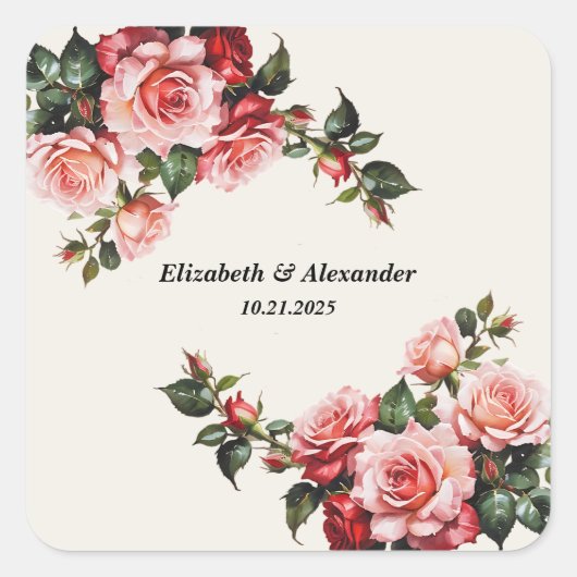 Elegant pink and red roses floral wedding vierkante sticker (Voorkant)