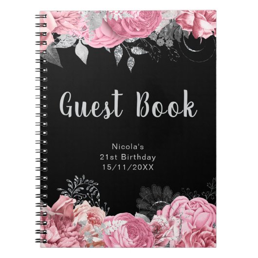 Elegant Pink and Silver Flower Birthday Guest Book Notitieboek (Voorkant)