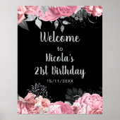 Elegant Pink and Silver Flowers Birthday Part  Poster (Voorkant)