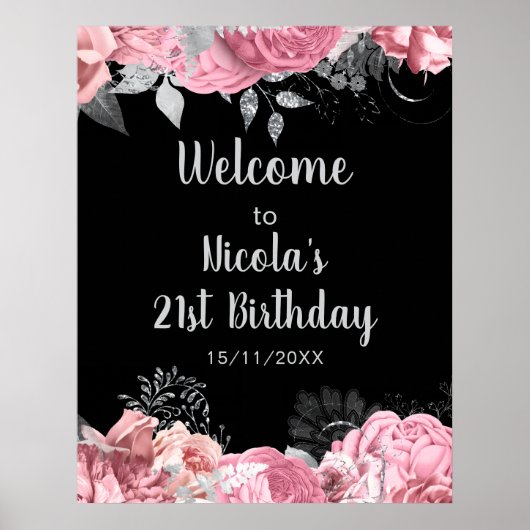 Elegant Pink and Silver Flowers Birthday Part Poster (Voorkant)