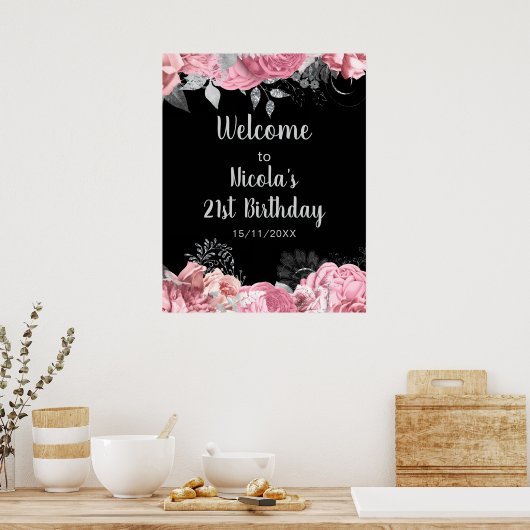 Elegant Pink and Silver Flowers Birthday Part  Poster (Keuken)