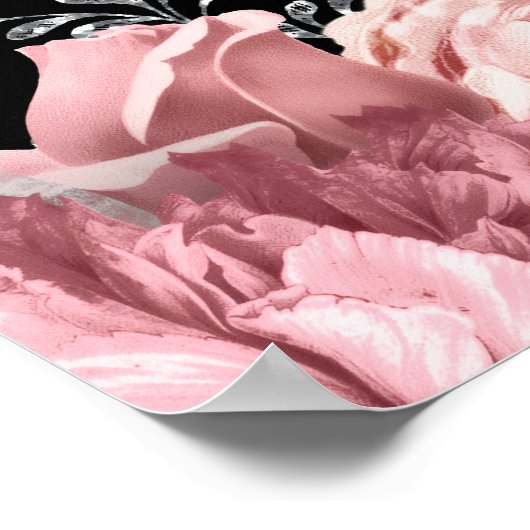 Elegant Pink and Silver Flowers Birthday Part  Poster (Hoek)