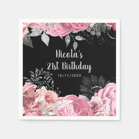Elegant Pink and Silver Flowers Birthday Party Servet (Voorkant)