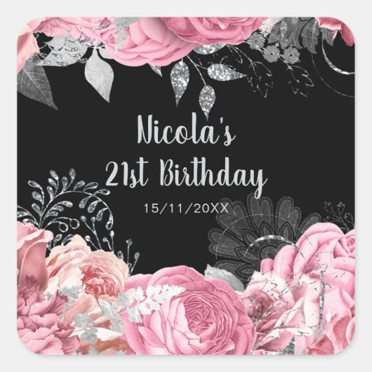 Elegant Pink and Silver Flowers Birthday Party Vierkante Sticker (Voorkant)