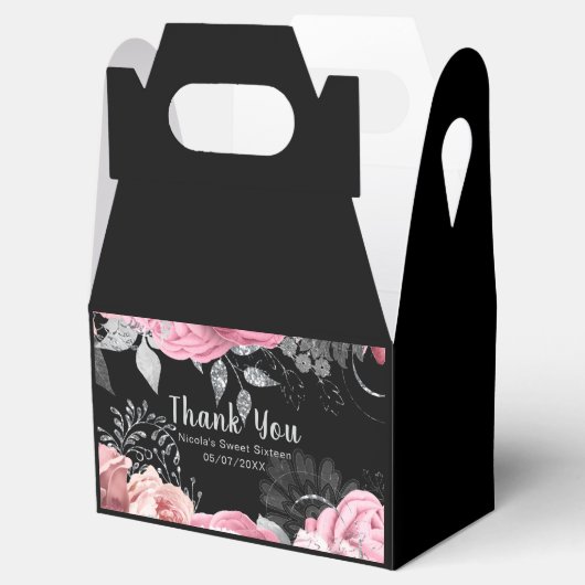 Elegant Pink and Silver Flowers Sweet Sixteen  Bedankdoosjes (Geopend)