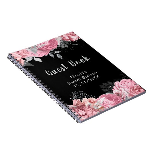 Elegant Pink and Silver Flowers Sweet Sixteen Notitieboek (Rechterzijde)