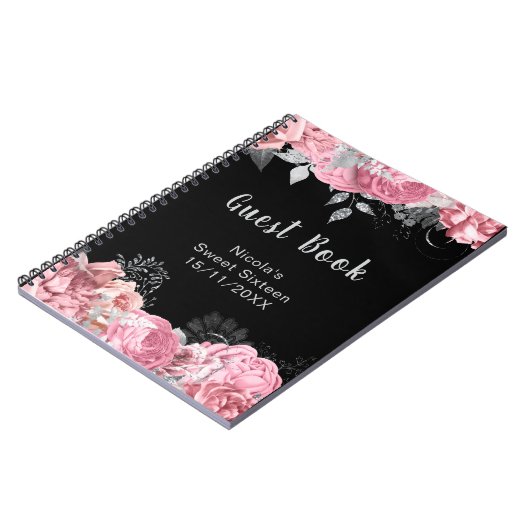 Elegant Pink and Silver Flowers Sweet Sixteen Notitieboek (Linkerzijde)