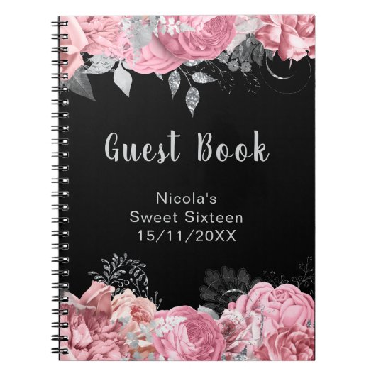 Elegant Pink and Silver Flowers Sweet Sixteen Notitieboek (Voorkant)