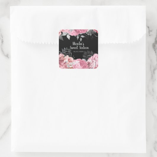 Elegant Pink and Silver Flowers Sweet Sixteen  Vierkante Sticker (Tas)