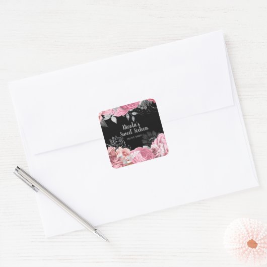 Elegant Pink and Silver Flowers Sweet Sixteen  Vierkante Sticker (Envelop)