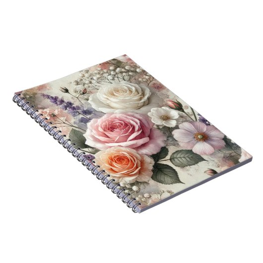 Elegant Pink and White Rose Pattern Spiral Notitieboek (Rechterzijde)