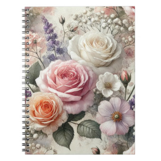 Elegant Pink and White Rose Pattern Spiral Notitieboek