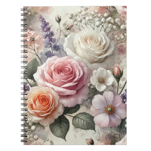 Elegant Pink and White Rose Pattern Spiral Notitieboek (Voorkant)