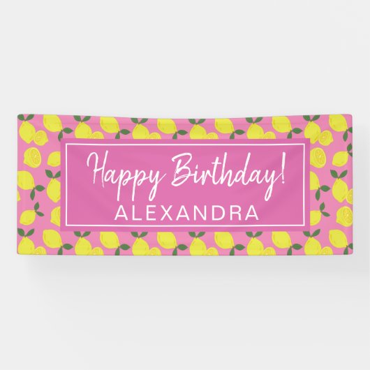 Elegant Pink and Yellow Lemon Party Happy Birthday Spandoek (Horizontaal)