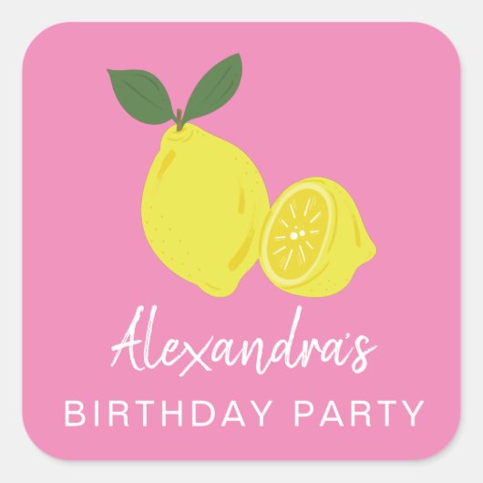 Elegant Pink and Yellow Lemon Party Vierkante Sticker (Voorkant)