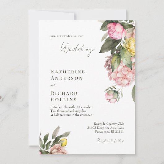 Elegant Pink and Yellow Peonies Wedding Kaart (Voorkant)