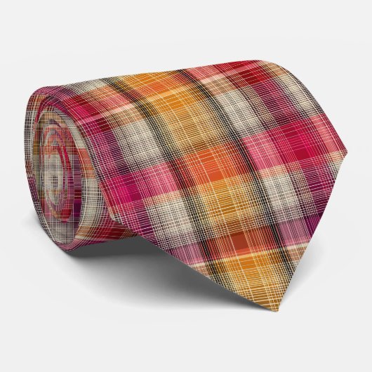 Elegant Pink and Yellow Plaid Gingham Pattern Stropdas (Opgerold)