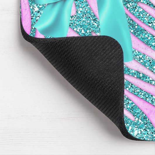 Elegant Pink Aqua Fake Glitter Zebra Bow Monogram Muismat (Hoek)