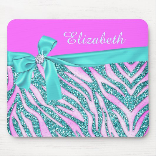 Elegant Pink Aqua Fake Glitter Zebra Bow Monogram Muismat (Voorkant)