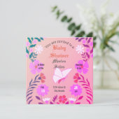 Elegant pink baby shower, butterflies and flowers kaart (Staand voorkant)