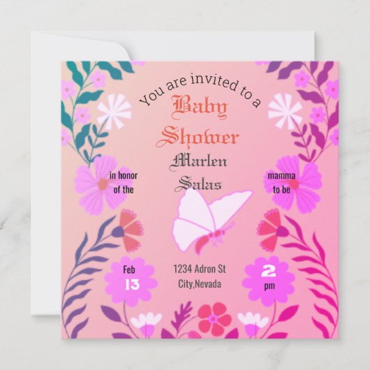 Elegant pink baby shower, butterflies and flowers kaart (Voorkant)