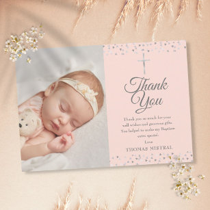 Elegant Pink Baptism Silver Hearts Foto Bedankkaart
