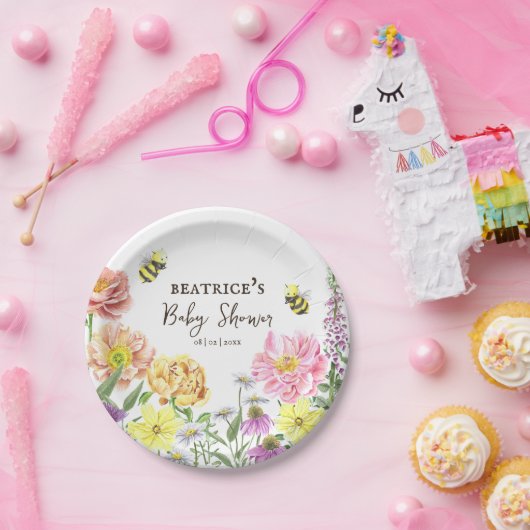 Elegant Pink Bee en Wildflower Baby shower Papieren Bordje (Feest)