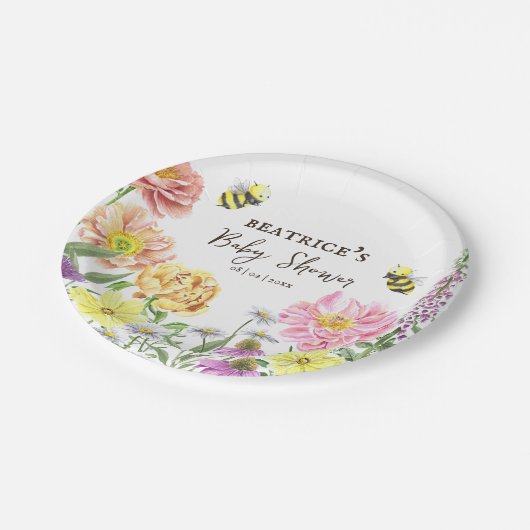Elegant Pink Bee en Wildflower Baby shower Papieren Bordje (Gekanteld)