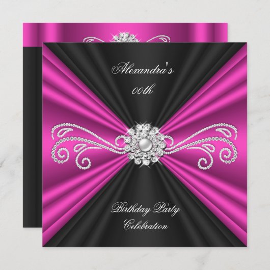 Elegant Pink Black Diamond Birthday Party Kaart (Voorkant / Achterkant)