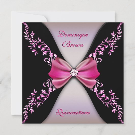 Elegant Pink Black Diamond Bow Quinceanera Kaart (Voorkant)