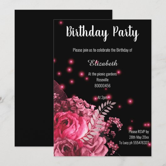 ELEGANT PINK BLACK FLORAL GARDEN BIRTHDAY KAART (Voorkant / Achterkant)