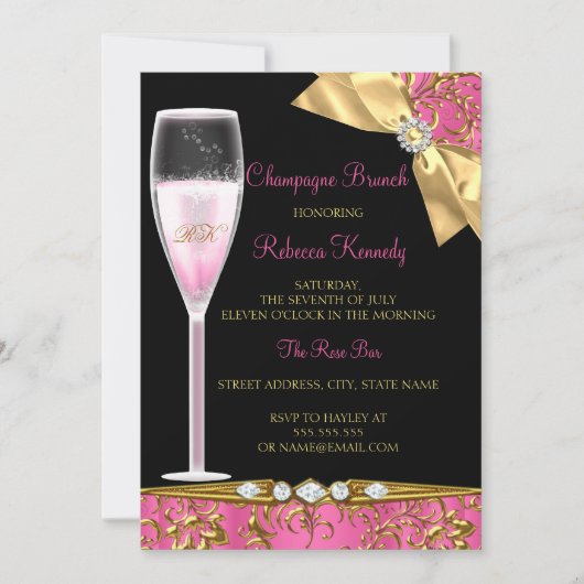 Elegant Pink Black Gold Damask Champagne Brunch Kaart (Voorkant)
